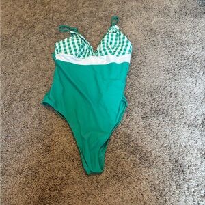 Emerald Green and White One-Piece Swimsuit with Plunging V-Neck